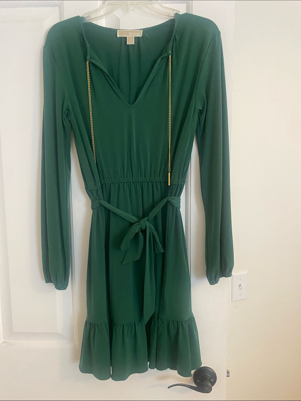 Michael Kors Emerald Green Long-Sleeve V-Neck Tie-Waist Dress
